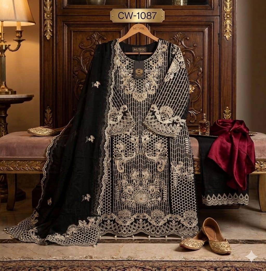 MUSHK 1087 By SHRADDHA DESIGNER 1087A To 1087C Series Designer Suits Heavy linen Pakistani stitched Dresses At Wholesale Price